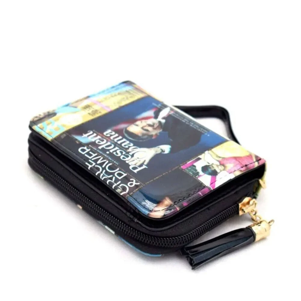 Magazine Print Bi-Fold Wallet Compact Bi-fold Zipper Pocket Wallet Card Case